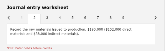 Journal entry worksheet < 1 2 3 4 5 6 7 8 9 Record the raw materials issued to production, $190,000 ($152,000 direct material