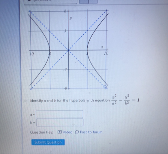 3 40 10 3 -6+ y? Identify a and b for the hyperbola with equation 52 = 1 a b- Question Help: Video Post to forum Submit Quest