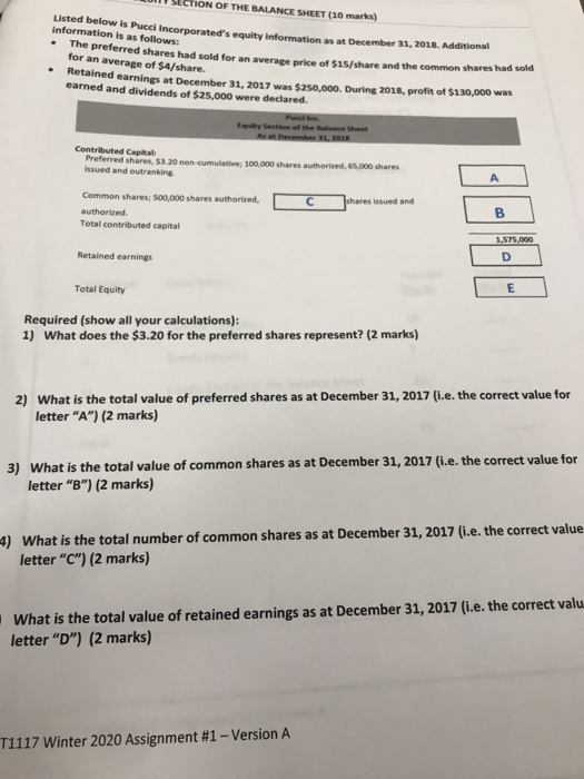 ION OF THE BALANCE SHEET (10 marks) Listed below is Pucci Incorporateds equity information as at December 31, 2018. Addition