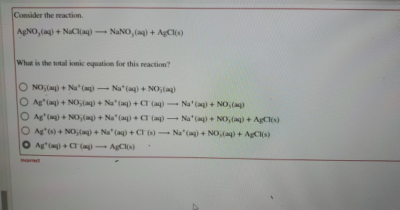 Consider the reaction. AgNO3(aq) + NaCl(aq) - NaNO, (aq) + AgCl(s) What is the total ionic equation for this reaction? NO3(aq