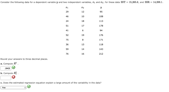 Consider the following data for a dependent variable y and two independent variables, 21 and 22; for these data SST = 15,265.
