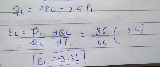 Q = 280-2.5PL E = Pudde - 86 (-2.5) E = -3.311 di d PL 65 l