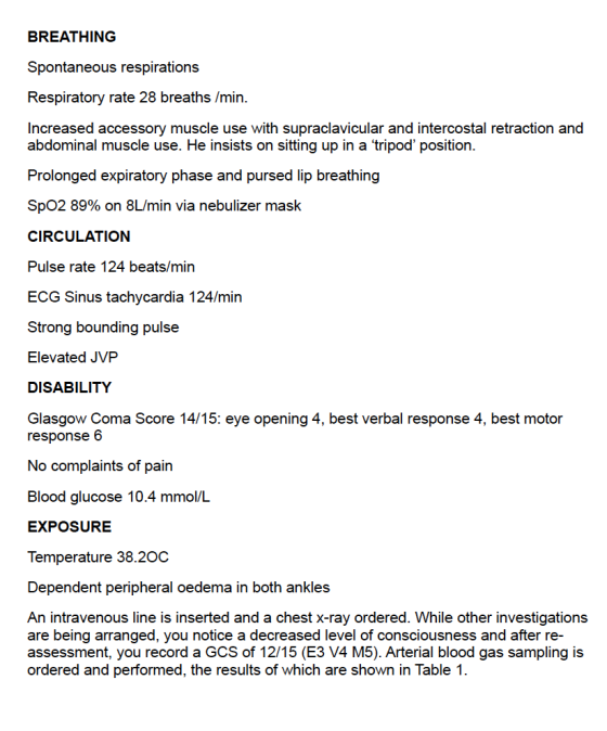 BREATHING Spontaneous respirations Respiratory rate 28 breaths /min. Increased accessory muscle use with supraclavicular and
