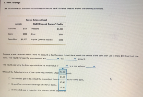 9. Bank leverage Use the information presented in Southwestern Mutual Banks balance sheet to answer the following questions.