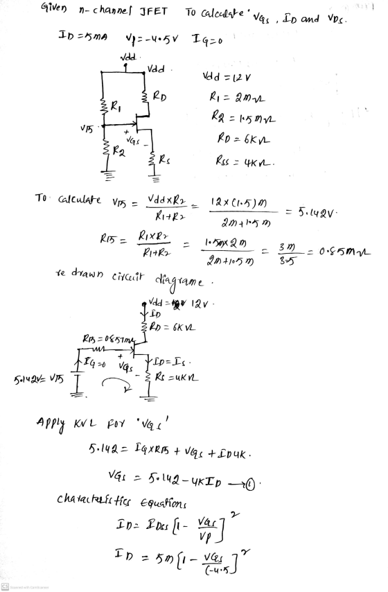 Given -channel JFET To calculate Vas , In and VDS. ID=5mA up=-405v Iq=o Idd vad. Vd d = 12 V RI R1 = 2mm R2 = 15mn RD 6ky V1