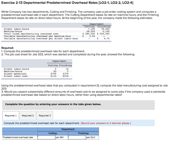 Exercise 2-13 Departmental Predetermined Overhead Rates [LO2-1, LO2-2, L02-4] White Company has two departments, Cutting and Finishing. The company uses a job-order costing system and computes a predetermined overhead rate in each department. The Cutting Department bases its rate on machine-hours, and the Finishing Department bases its rate on direct labor-hours. At the beginning of the year, the company made the following estimates Department Cutting Finishing Direct labor-hours Machine-hours Total fixed manufacturing overhead cost Variable manufacturing overhead per machine-hour Variable manufacturing overhead per direct labor-hour 78,000 2,100 $ 380,000 $ 504,000 7,100 58,500 $ 3.00 $ 4.75 Required: 1. Compute the predetermined overhead rate for each department. 2. The job cost sheet for Job 203, which was started and completed during the year, showed the following: Department Cutting Finishing Direct labor-hours Machine-hours Direct materials Direct labor cost 12 83 $790 $115 $370 $276 Using the predetermined overhead rates that you computed in requirement (1), compute the total manufacturing cost assigned to Job 203 3. Would you expect substantially different amounts of overhead cost to be assigned to some jobs if the company used a plantwide predetermined overhead rate based on direct labor-hours, rather than using departmental rates? Complete the question by entering your answers in the tabs given below. Required 1 Required 2 Required 3 Compute the predetermined overhead rate for each department. (Round your answers to 2 decimal places.) Department Cutting Finishing Predetermined overhead rate per MH r DLH