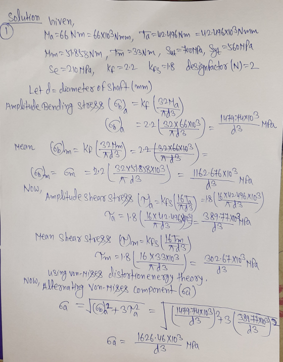 0 solution hiven, Ma -66 Nm = 66X103 Nmm, Ta=42:496 Wm = 42-496x103Nmm Mm=518f8Nm, tm >330m, 344=toorpa, Sy4 S60MPa Se=210 MP