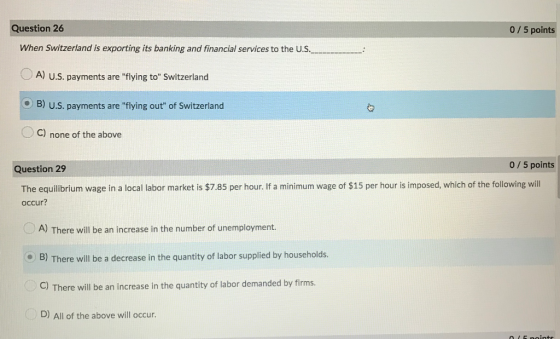 Question 26 0/5 points When Switzerland is exporting its banking and financial services to the U.S. A) U.S. payments are fly