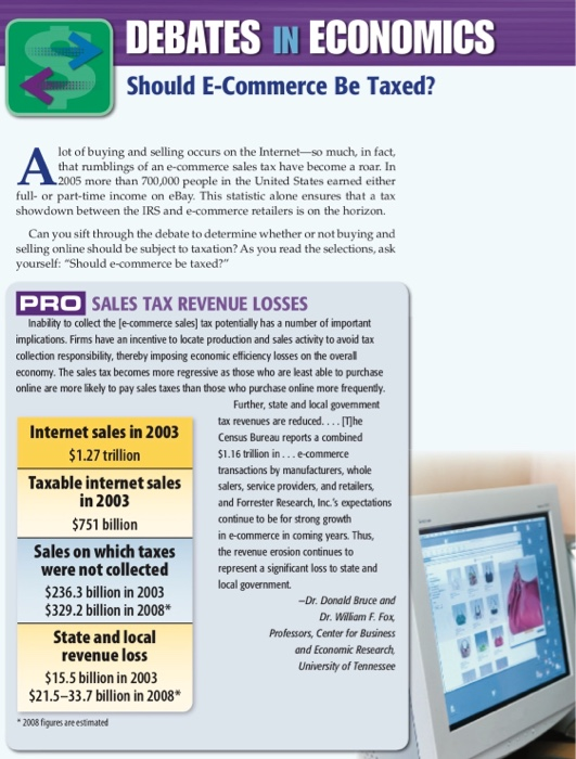 DEBATES IN ECONOMICS Should E-Commerce Be Taxed? lot of buying and selling occurs on the Internet so much, in fact, that rumb