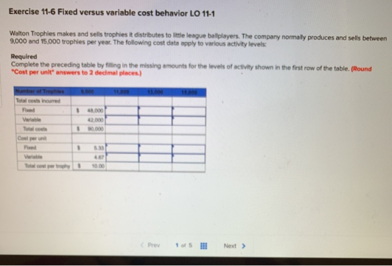 Exercise 11-6 Fixed versus variable cost behavior LO 11-1 Walton Trophies makes and sells trophies it distributes to little l