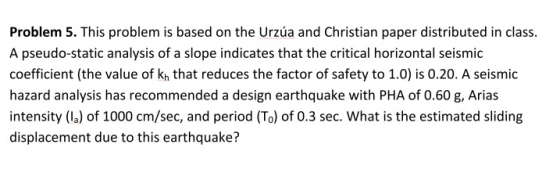 Problem 5. This problem is based on the Urzúa and Christian paper distributed in class. A pseudo-static analysis of a slope i