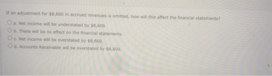 If an adjustment for $8,600 in accrued revenues is omitted, how will this affect the financial statements? O a. Net income wi