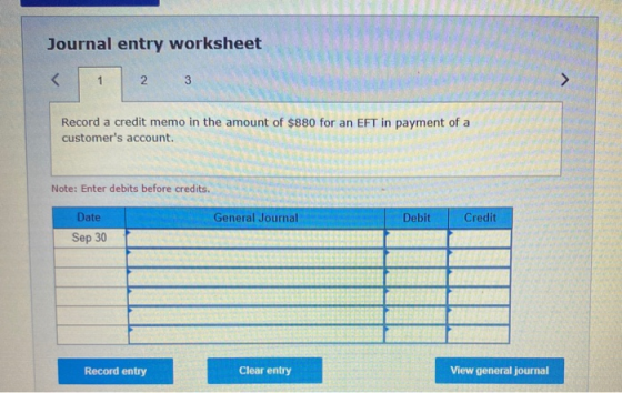 Journal entry worksheet < 1 2 3 > Record a credit memo in the amount of $880 for an EFT in payment of a customers account. N