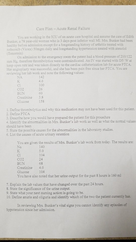 Care Plan- Acute Renal Failure You are working in the ICU of an acute care hospital and assume the care of Edith Bunker, a 78