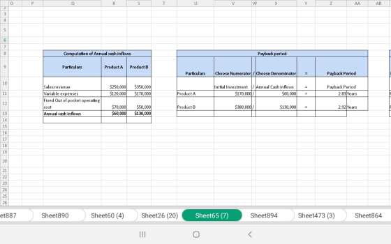 R W X AA AB Computation of Annual cash inflows Payback period Particulars Product Product B Particulars Choose Numerator / Ch