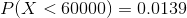 P( X < 60000) = 0.0139