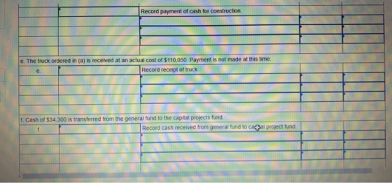 Record payment of cash for construction e. The truck ordered in (a) is received at an actual cost of $110,050. Payment is not