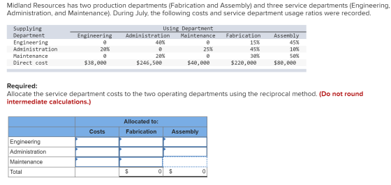 Midland Resources has two production departments (Fabrication and Assembly) and three service departments (Engineering, Admin