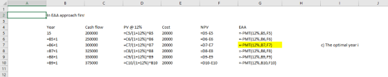 n EAA approach first Cash flow PV@12% Year 15 -85 +1 -B6+1 B7+1 B8+1 #89+1 5/(1+12%)ng5 =C6/(1+12%)ng6 -C7/(1+12%)ag7 C8/(1+12%)4B8 sC9/(1+12%)ng9 -c10/(1+12%)ng10 Cost 20000 20000 20000 20000 20000 20000 NPV =D5-E5 -06-E6 -D7-E7 -D8-E8 D9-E9 -D10-E10 PMT( 1296, BSF5) PMT( 12%B6/6) -PMT( 12%,87,F7) -PMT( 12%, B8FB) =-PMT( 12%, BSF9) --PMt( 1296, B10,F10) 200000 300000 c) The optimal yeari 10 375000 12