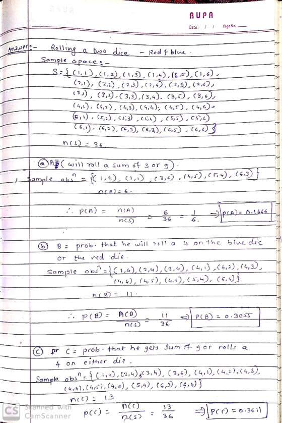 RUPA Date: ! ! Page N. - Answer: Rolling a two dice - Redf blue. Sample space:- S:{(1,1),(1,2), (1,3), (1,4),(1,5),(1,6), (2,