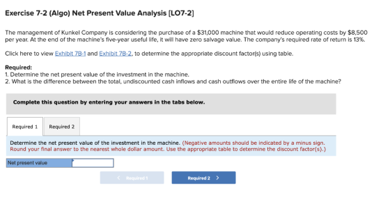 Exercise 7-2 (Algo) Net Present Value Analysis (LO7-2] The management of Kunkel Company is considering the purchase of a $31,