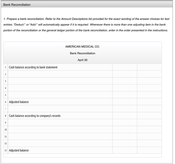 Bank Reconciliation 1. Prepare a bank reconciliation. Refer to the Amount Descriptions list provided for the exact wording of