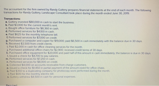 The accountant for the firm owned by Randy Guttery prepares financial statements at the end of each month. The following tran