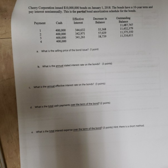 Cherry Corporation issued $10,000,000 bonds on January 1, 2018. The bonds have a 10-year term and pay interest semiannually. This is the partial bond amortization schedule for the bonds. Effective Decrease in Outstanding Payment CashInterest Balance 400,000 344,632 400,000 342,971 400,000 341 400,000 Balance 11,487,747 11,432,379 11,375,350 11,316,611 55,368 57,029 58,739 ,261 a. What is the selling price of the bond issue? (1 point b. What is the annual stated interest rate on the bonds? (3 points) c. What is the annual effective interest rate on the bonds? (3 points) d. What is the total cash payments over the term of the bond? (2 points) e. What is the total interest expense over the term of the bond? (3 points) Hint there is a short method.
