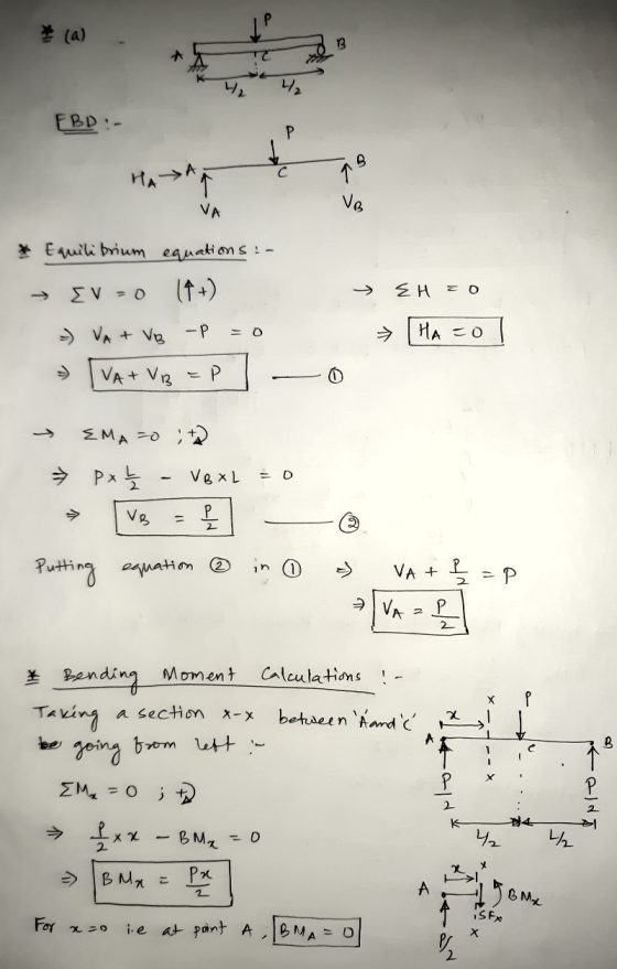 3 EBD :- Р с → qo VR VA & Equilibrium equations : EV - 0 EH ZO O =) VA + VB -P HA=0 VA+ VB Р EMA =0 ; px - VB XL - O VB Р ☺ P