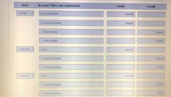 Date Account Titles and Explanation Debit Credit 1/1/20 - Lease Receivable 322000 Cost of Goods Sold 248685 Sales Revenue 300