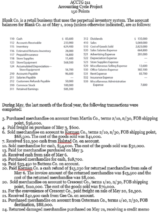 ACCTG 211 Accounting Cycle Project 150 Points Blank Co. is a retail business that uses the perpetual inventory system. The ac