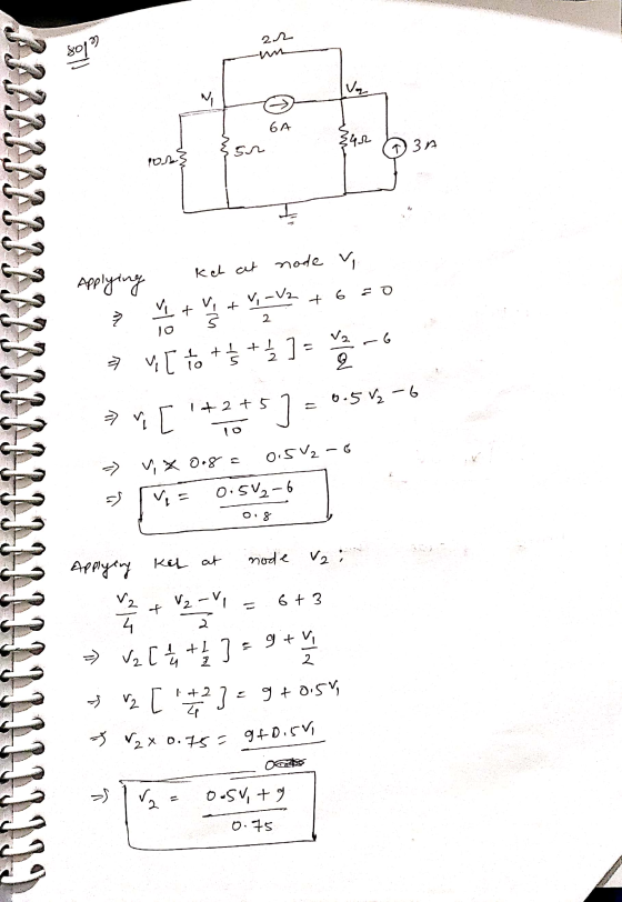 22 801 V M 6A zur 52 13 Oss 222223233233332222 Applying kel at node v z o tu + 6 tr + v, -v2 7 2 10 6 va > ✓ [ to +5 + } ]