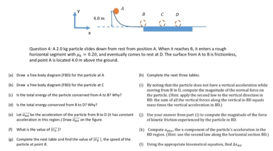 4.0 m Question 4: A 2.0 kg particle slides down from rest from position A. When it reaches B, it enters a rough horizontal segment with f4k-0.20, and eventually comes to rest at D. The surface from A to B is frictionless, and point A is located 4.0 m above the ground (a) Draw a free body diagram (FBD) for the particle at A (b) Draw a free body diagram (FBD) for the particle at C (c) Is the total energy of the particle conserved from A to B? Why? (d) Is the total energy conserved from B to D? Why? (e) Let asp be the acceleration of the particle from B to D (it has constant (h) Complete the next three tables. 0) By noting that the particle does not have a vertical acceleration while moving from B to D, compute the magnitude of the normal force on the particle. (Hint: apply the second law to the vertical direction in BD: the sum of all the vertical forces along the vertical in BD equals mass times the vertical acceleration in BD.) Use your answer from part (i) to compute the magnitude of the force of kinetic friction experienced by the particle in BD. acceleration in this region.) Draw aRD on the figure (f) What is the value of ? (e) Complete the next table and find the value of I, the speed of the (k) Compute ax,the x component of the particles acceleration in the BD region. (Hint: use the second law along the horizontal section BD.) particle at point B (1) Using the appropriate kinematical equation, find Axa