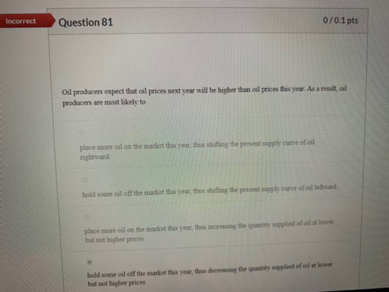 Incorrect Question 81 0/0.1 pts Oil producers expect that oil prices next year will be higher than oil prices this year. As a