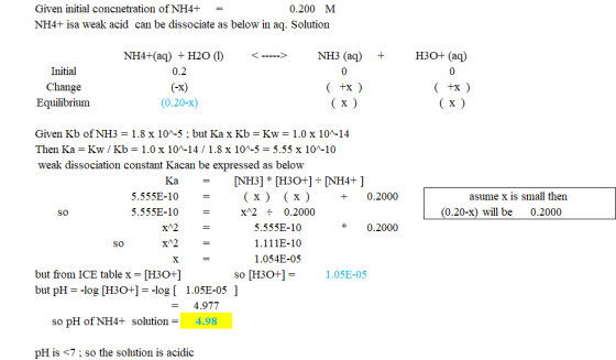 Given initial concnetration of NH4+ 0.200 M NH4+ isa weak acid can be dissociate as below in aq. Solution НЗО+ (аq) NH3 (aq)