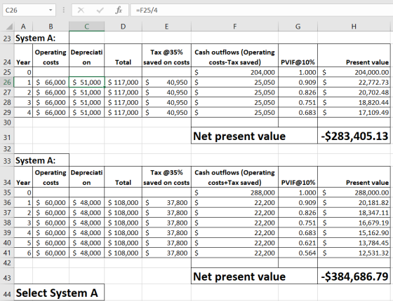 H C26 : X V fx =F25/4 A B C D E F G 23 System A: Operating Depreciati Tax @35% Cash outflows (Operating 24 Year costs I on To