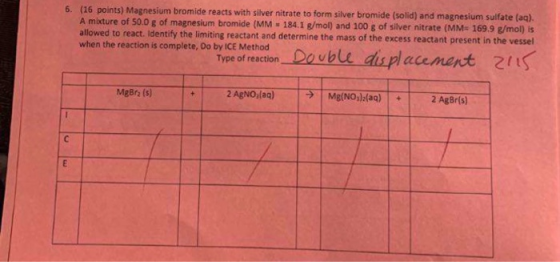 6. (16 points) Magnesium bromide reacts with silver nitrate to form silver bromide (solid) and magnesium sulfate (aq). A mixt