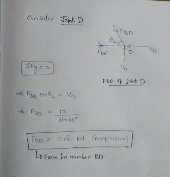 Consider Joint D 04 FDE (sfy = 0] FBD of joint D FBD sind = 1 FBD = 12 sin 45° FBD = 12 52 KN (Compression) Lo Force in membe