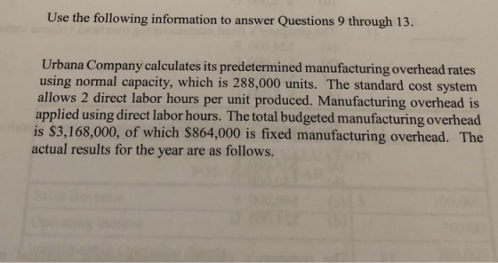 Use the following information to answer Questions 9 through 13. Urbana Company calculates its predetermined manufacturing ove