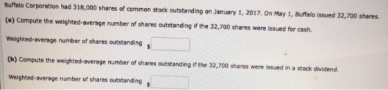 Buffalo Corporation had 318,000 shares of common stock outstanding on January 1, 2017. On May 1, Buffalo issued 32,700 shares