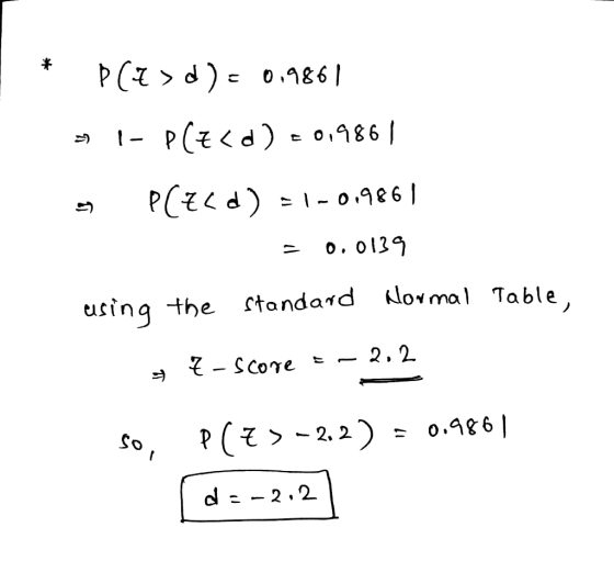* 1 Þ(Z > d) = 0.9861 I- P(Z <d) =0,9861 P(Z <d) = 1-0.9861 = 0.0139 12 Normal Table, using the standard 2.2 Z-score 50, P(Z