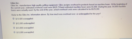Giles Inc. Giles Inc., manufactures high quality golfing equipment Giles assigns overhead to products based on machine hours.