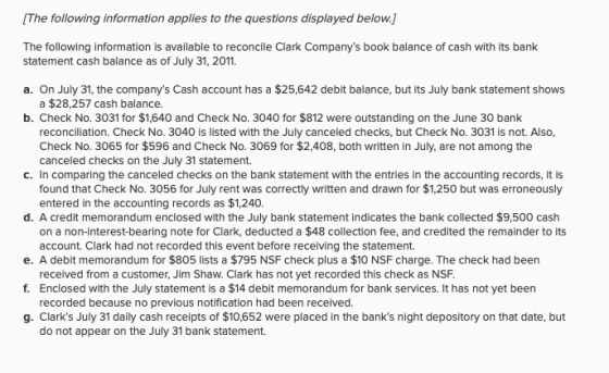 [The following information applies to the questions displayed below.) The following information is available to reconcile Cla