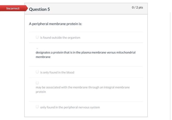 Incorrect 0/2 pts Question 5 A peripheral membrane protein is: is found outside the organism designates a protein that is in