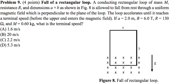 Problem 9. (4 points) Fall of a rectangular loop. A conducting rectangular loop of mass M, resistance R, and dimensions a × b as shown in Fig. 8 is allowed to fall from rest through a uniform magnetic field which is perpendicular to the plane of the loop. The loop accelerates until it reaches a terminal speed(before the upper end enters the magnetic field). If a 2.0 m, B 6.0 T, R-130 and M= 0.60 kg, what is the terminal speed? (A) 1.6 m/s (B) 20 m/s (C) 2.2 m/s (D) 5.3 m/s 2 Figure 8. Fall of rectangular loop.