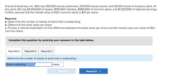 Enscoe Enterprises, Inc. (EEI) has 300,000 shares authorized, 240,000 shares issued, and 50,000 shares of treasury stock. At