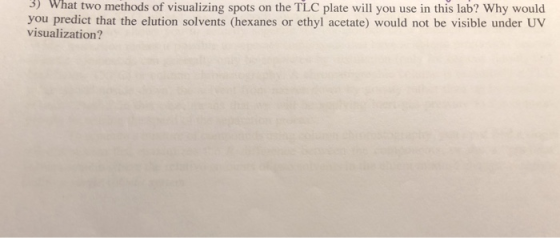 3) What two methods of visualizing spots on the TLC plate will you use in this lab? Why would you predict that the elution so
