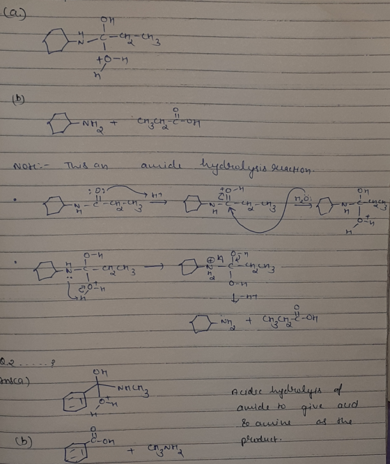 -कार- +0-1 कमाण Note: This an amide hydrolysis reaction. +o-मा On 0-4 A S 020 0-1 , - कुन- Insca) -NHCH Acidre hydrolyis of a