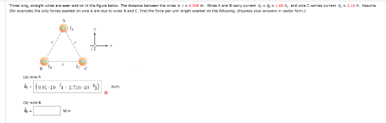Three long, straight wires are seen end-on in the figure below. The distance between the wires is r = 0.248 m. Wires A and B