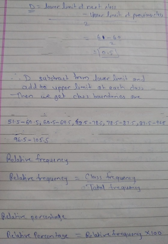 D = lower limit of next class Upper limit of previous class D substract from lower limit and add to upper limit at each dass